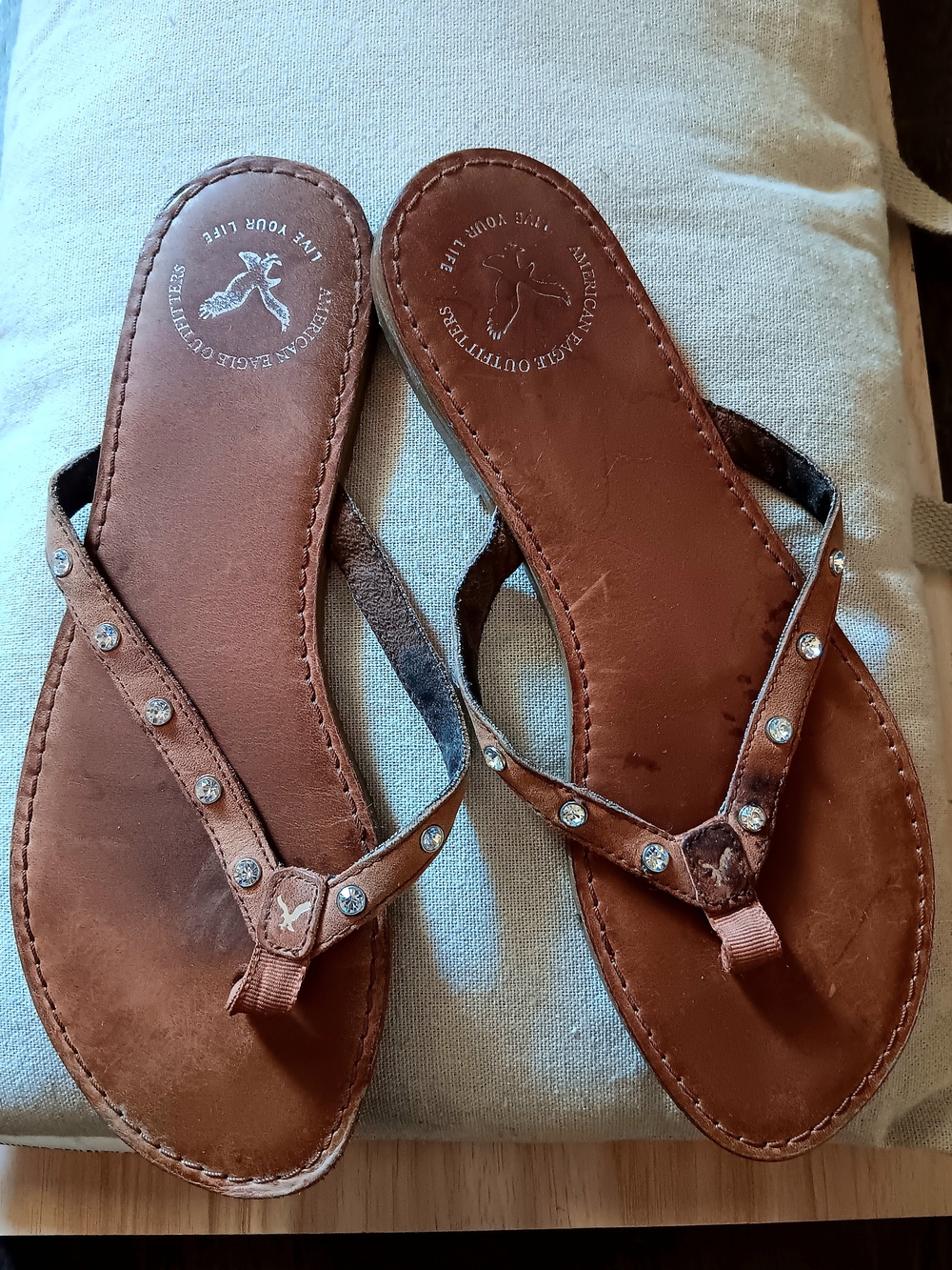 American Eagle Outfitters Brown Leather Rhinestone Thong Sandals